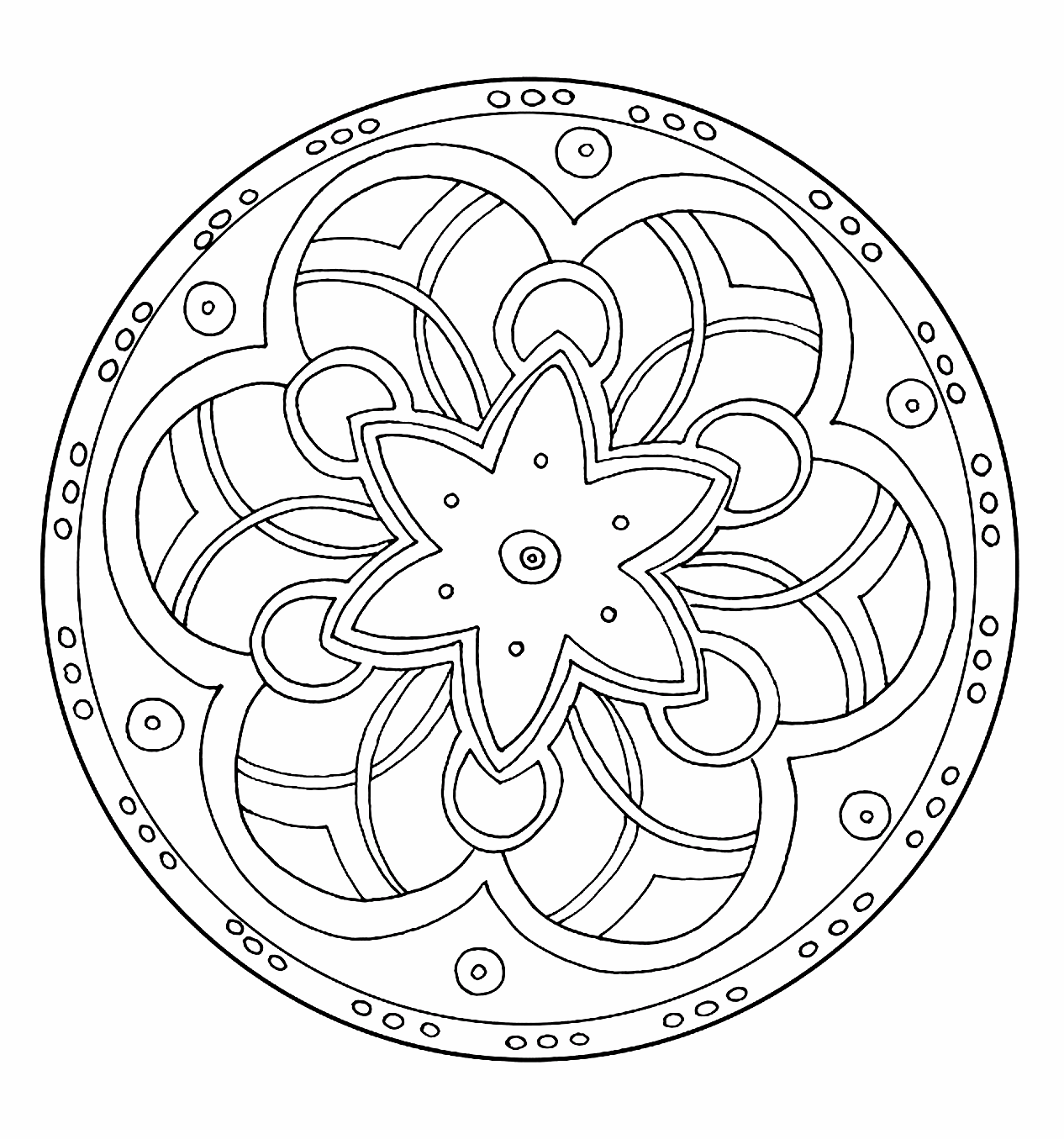 Mandala à télécharger symétrique représentant une maison et son ensemble. Facile à colorier.